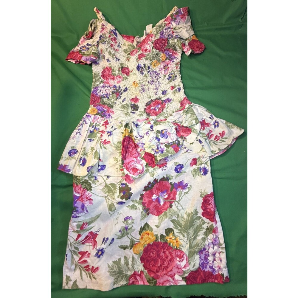 🌸✨ Vintage EXPO Women’s Midi Dress Size 8 👗 White Pink sFloral 80s Off-The-Sho